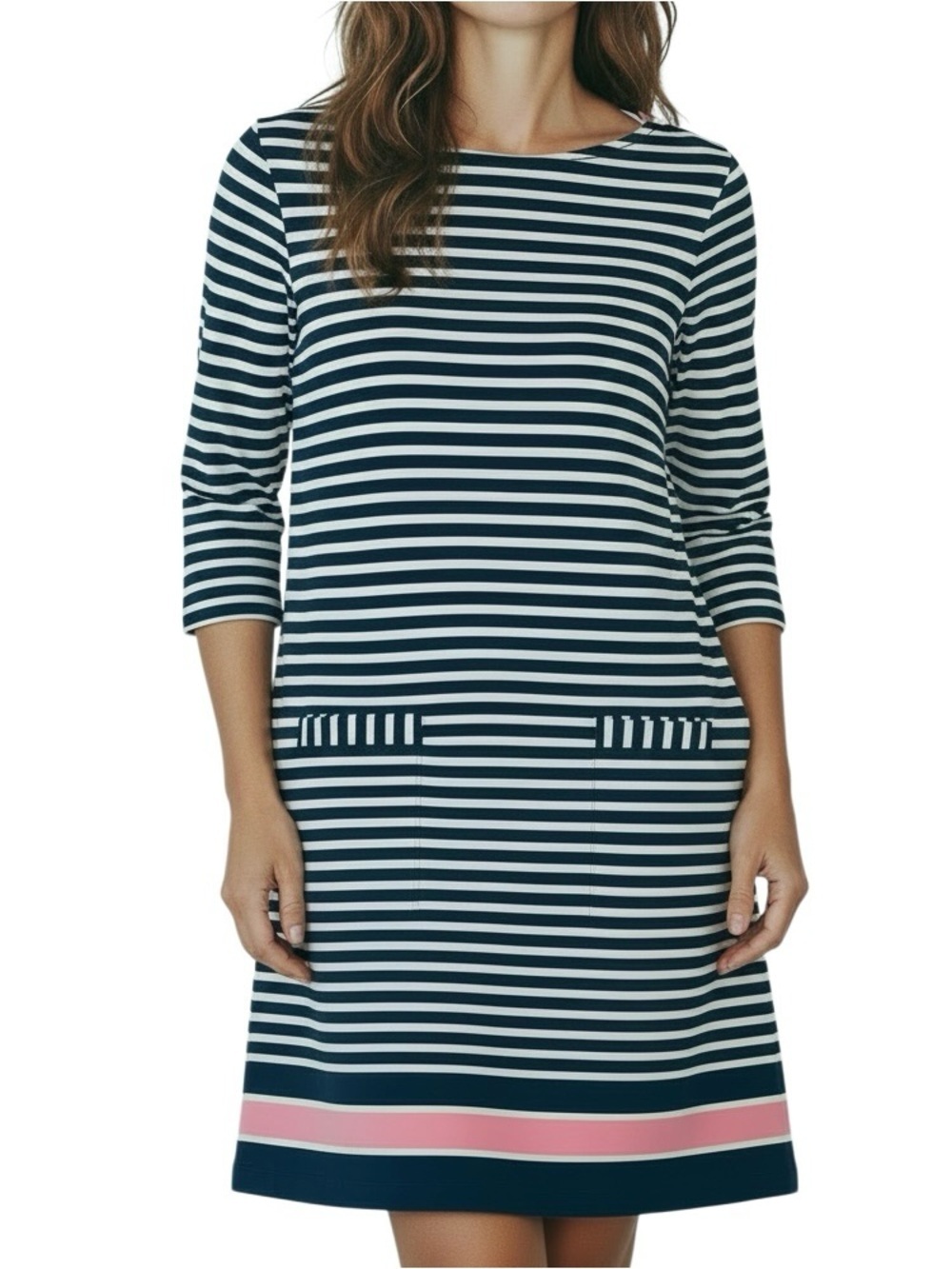 Lilly Pulitzer blue & white striped dress Knee length Boat neck Pink accents XS